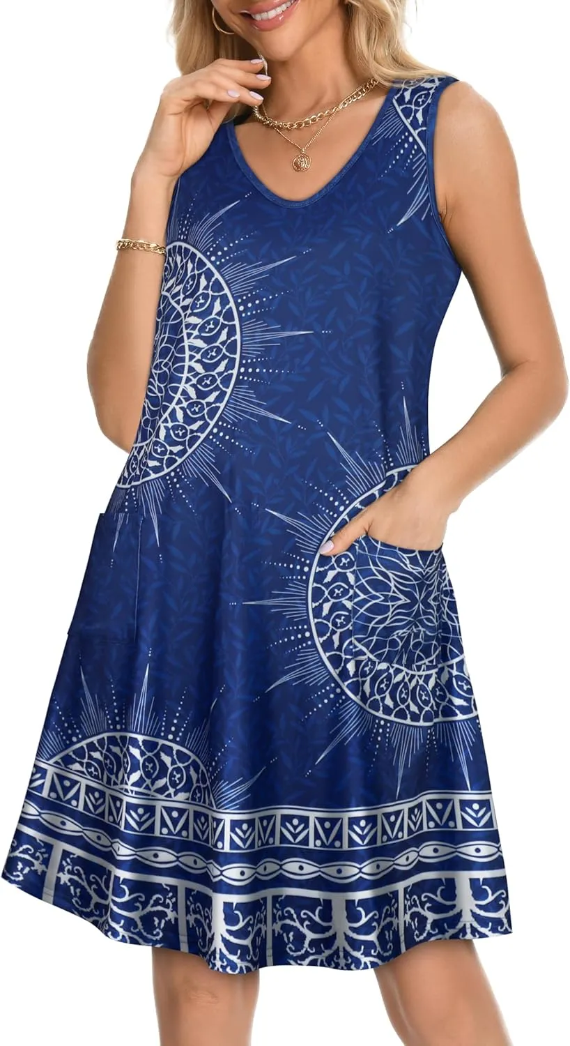 elescat Womens Summer Dresses Casual V Neck Sleeveless Pockets Beach Loose Tank Sundress