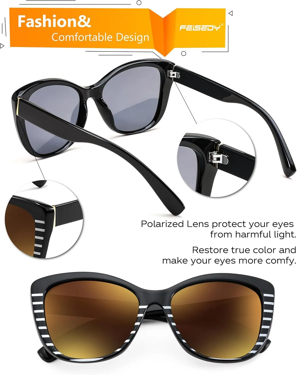 FEISEDY Polarized Vintage Sunglasses American Womens Square Jackie O Cat Eye Sunglasses B2451