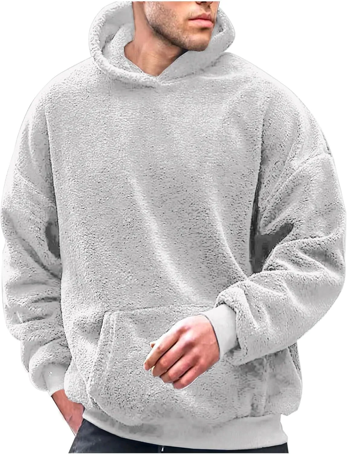 Finelylove Mens Fuzzy Sherpa Hoodies Pullover Oversized Cozy Warm Fleece Hooded Sweatshirt Fluffy Winter Outwear with Pocket