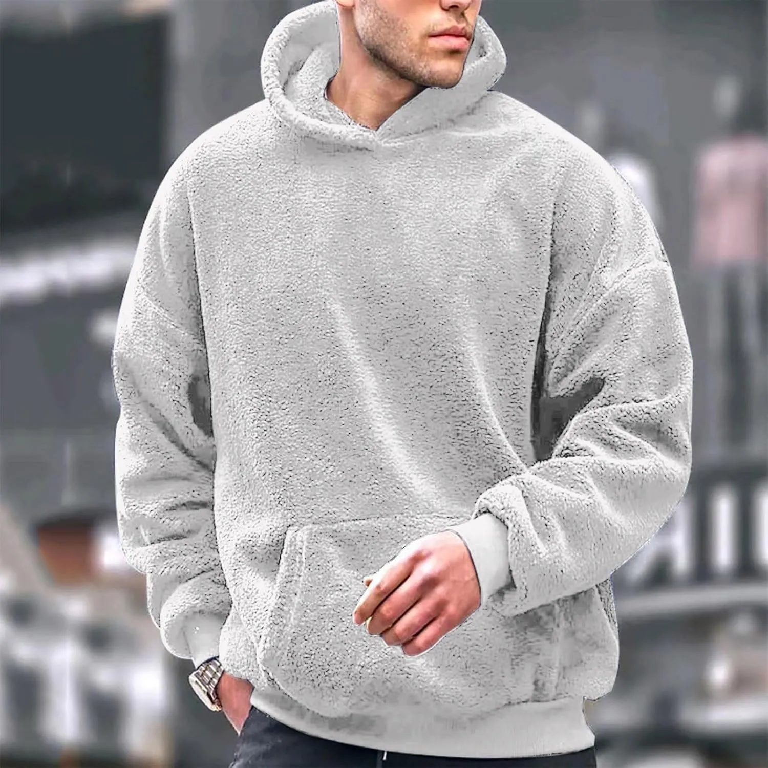 Finelylove Mens Fuzzy Sherpa Hoodies Pullover Oversized Cozy Warm Fleece Hooded Sweatshirt Fluffy Winter Outwear with Pocket