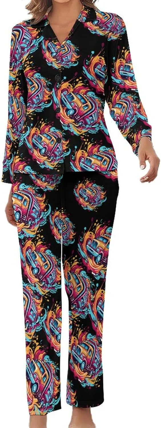 Fire Truck Womens Pajamas Satin PJ Set Button Down Loungewear Set 2 Piece Lounge Sets