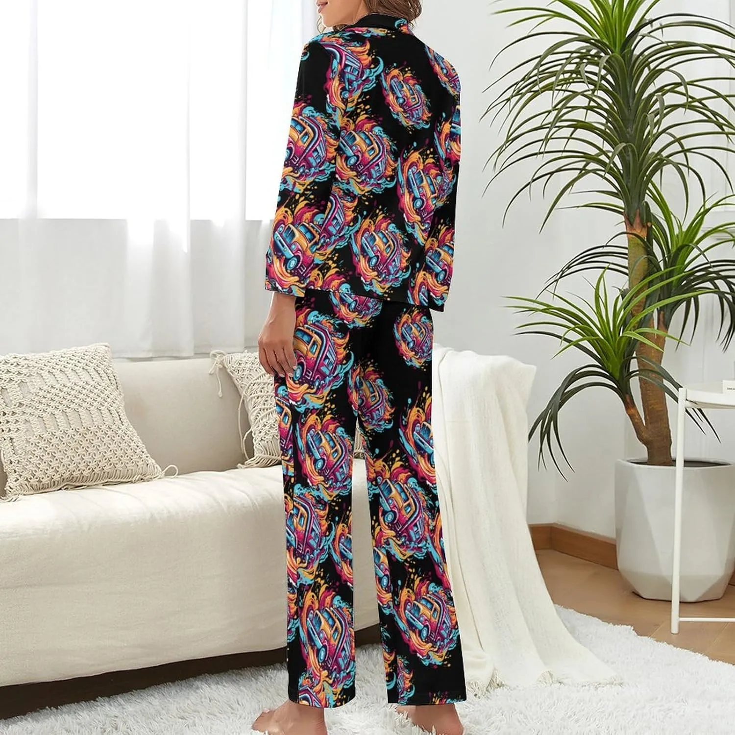 Fire Truck Womens Pajamas Satin PJ Set Button Down Loungewear Set 2 Piece Lounge Sets