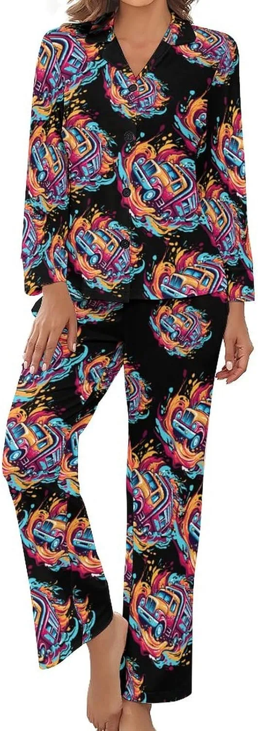 Fire Truck Womens Pajamas Satin PJ Set Button Down Loungewear Set 2 Piece Lounge Sets