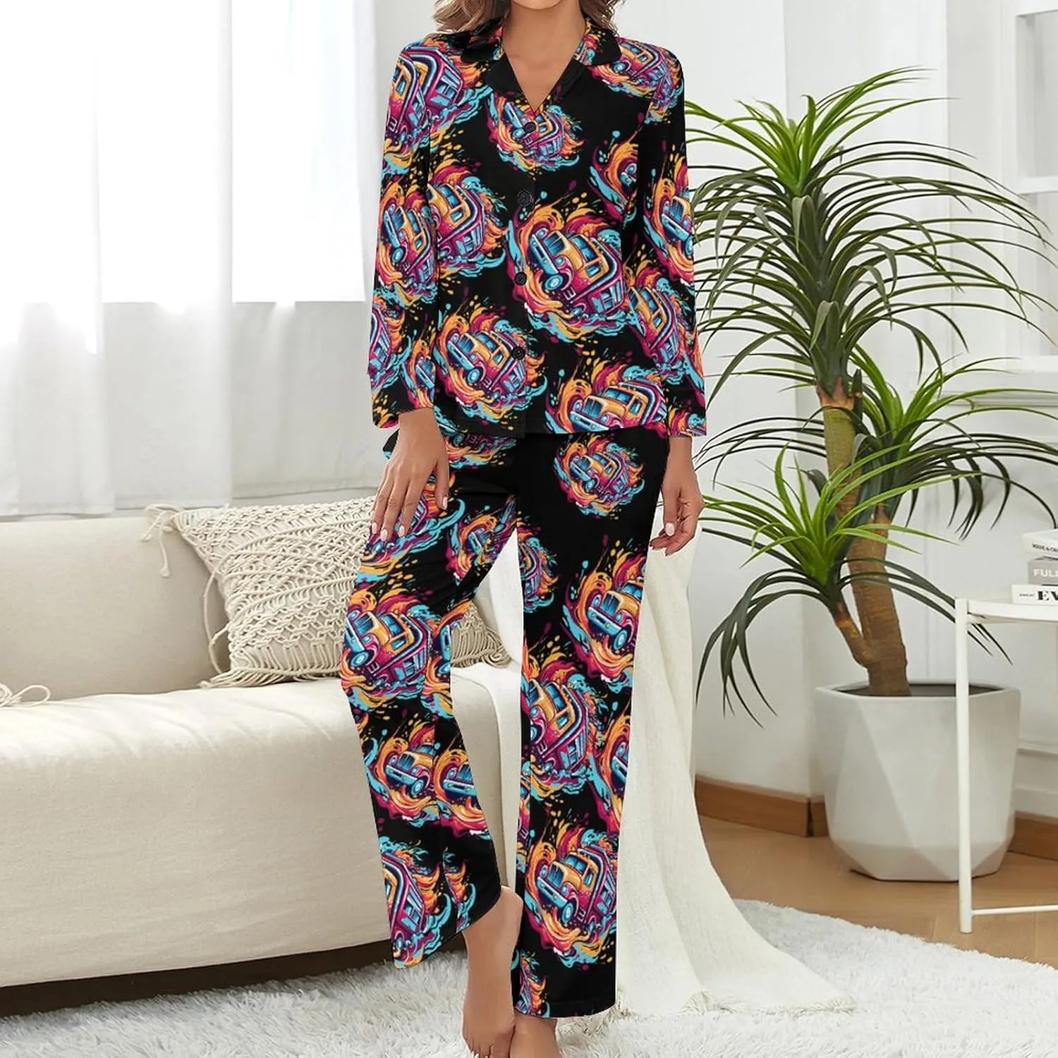 Fire Truck Womens Pajamas Satin PJ Set Button Down Loungewear Set 2 Piece Lounge Sets
