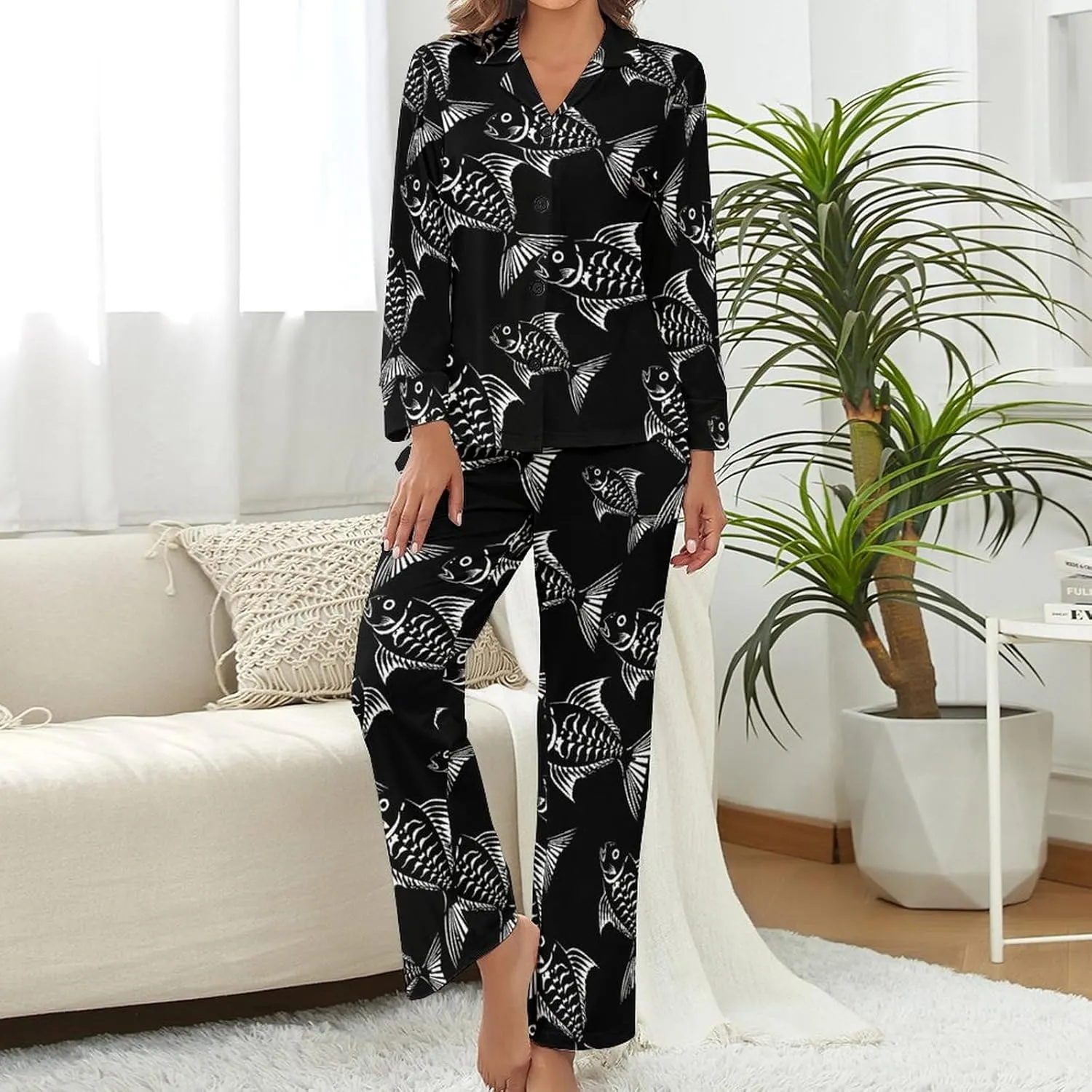 Fish Skeleton Bones Creature Womens Pajamas Satin PJ Set Button Down Loungewear Set 2 Piece Lounge Sets