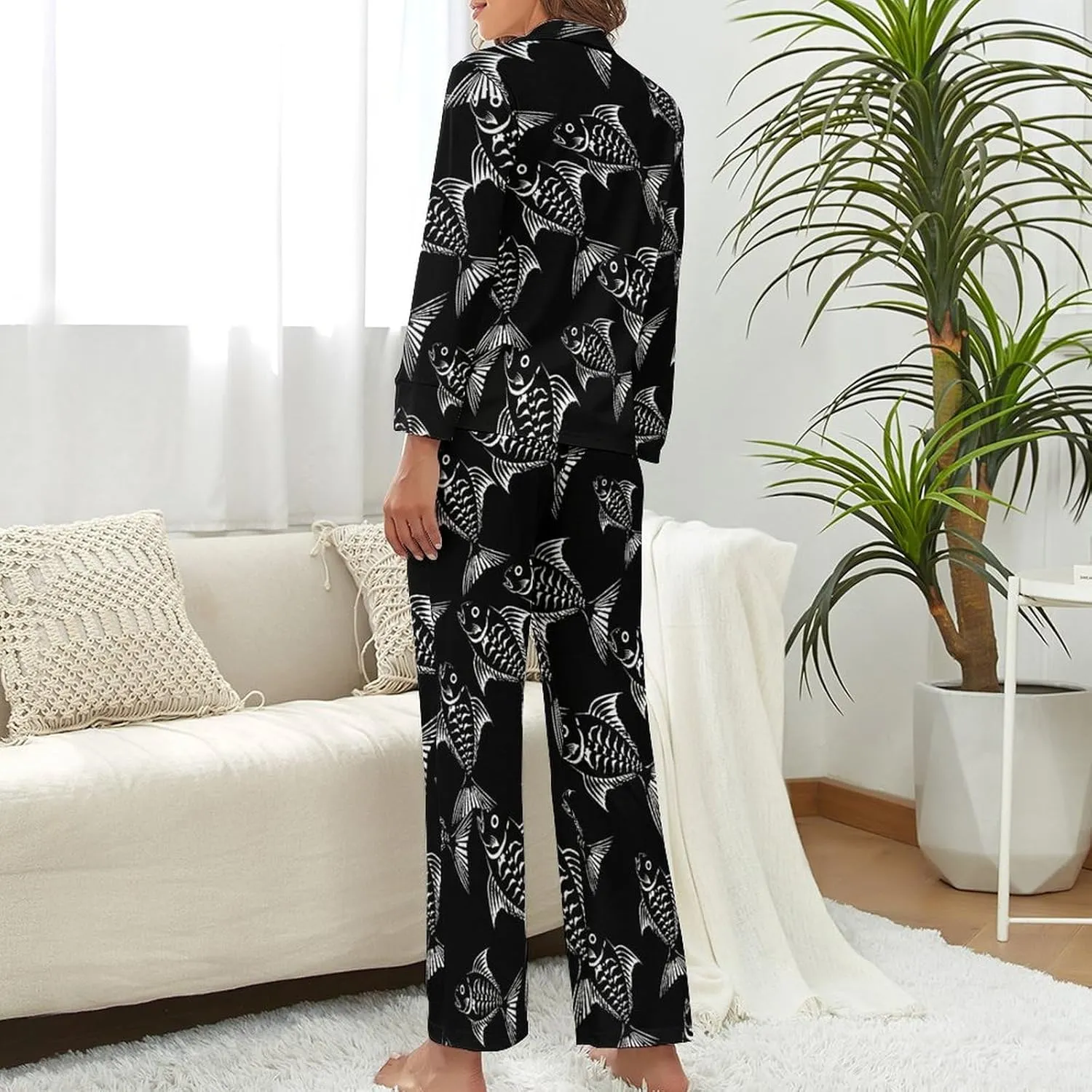 Fish Skeleton Bones Creature Womens Pajamas Satin PJ Set Button Down Loungewear Set 2 Piece Lounge Sets