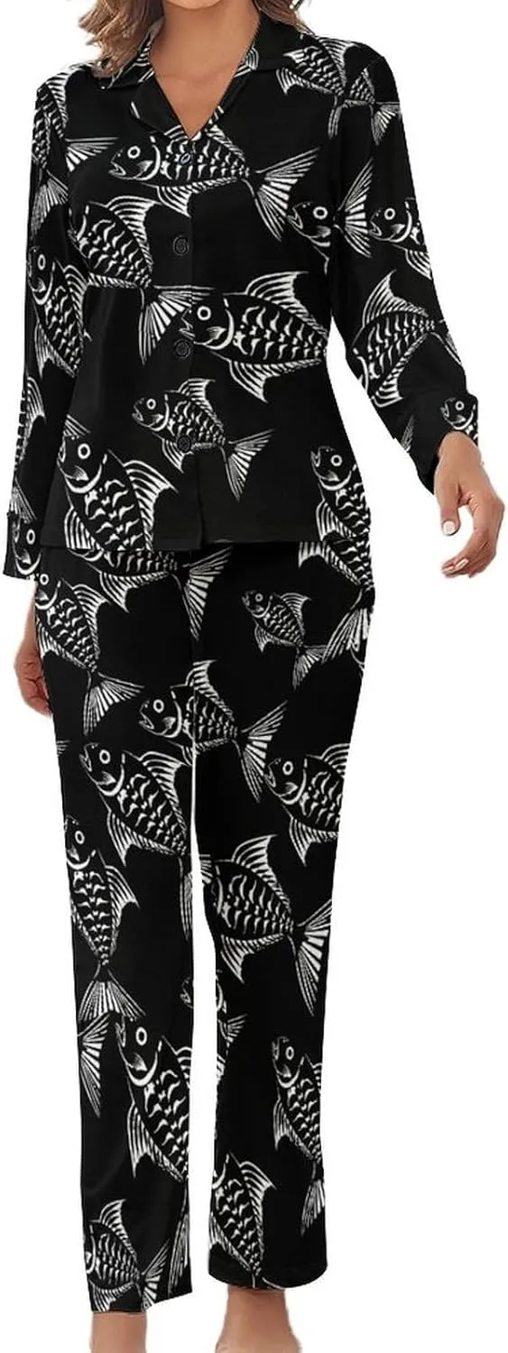Fish Skeleton Bones Creature Womens Pajamas Satin PJ Set Button Down Loungewear Set 2 Piece Lounge Sets