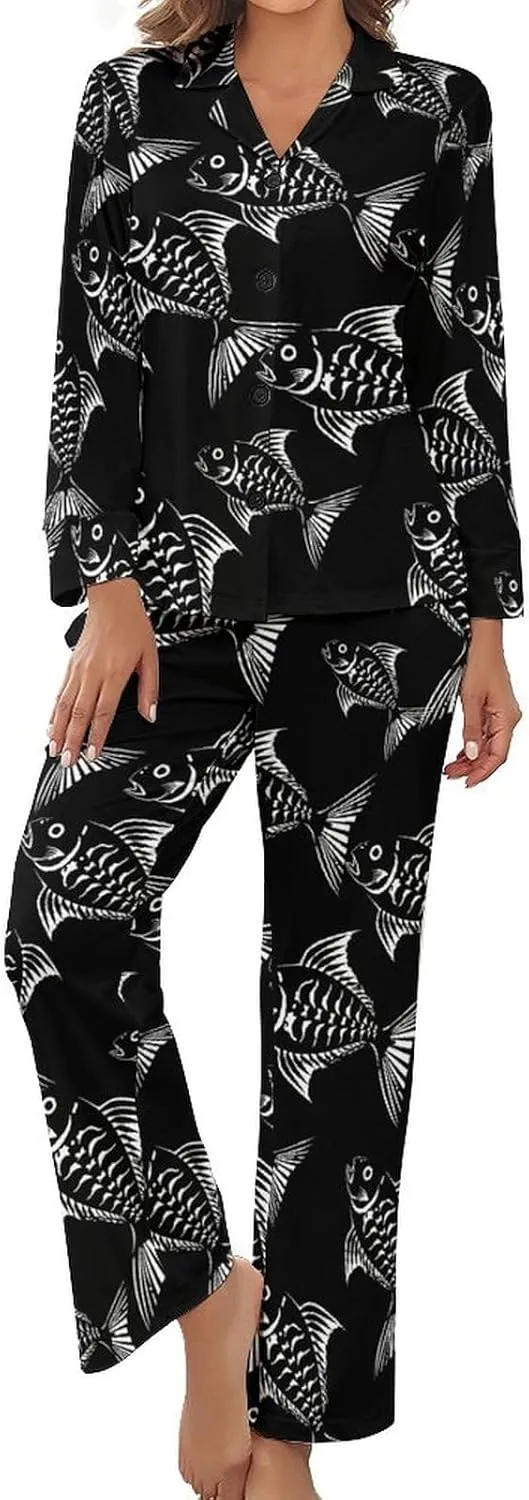 Fish Skeleton Bones Creature Womens Pajamas Satin PJ Set Button Down Loungewear Set 2 Piece Lounge Sets