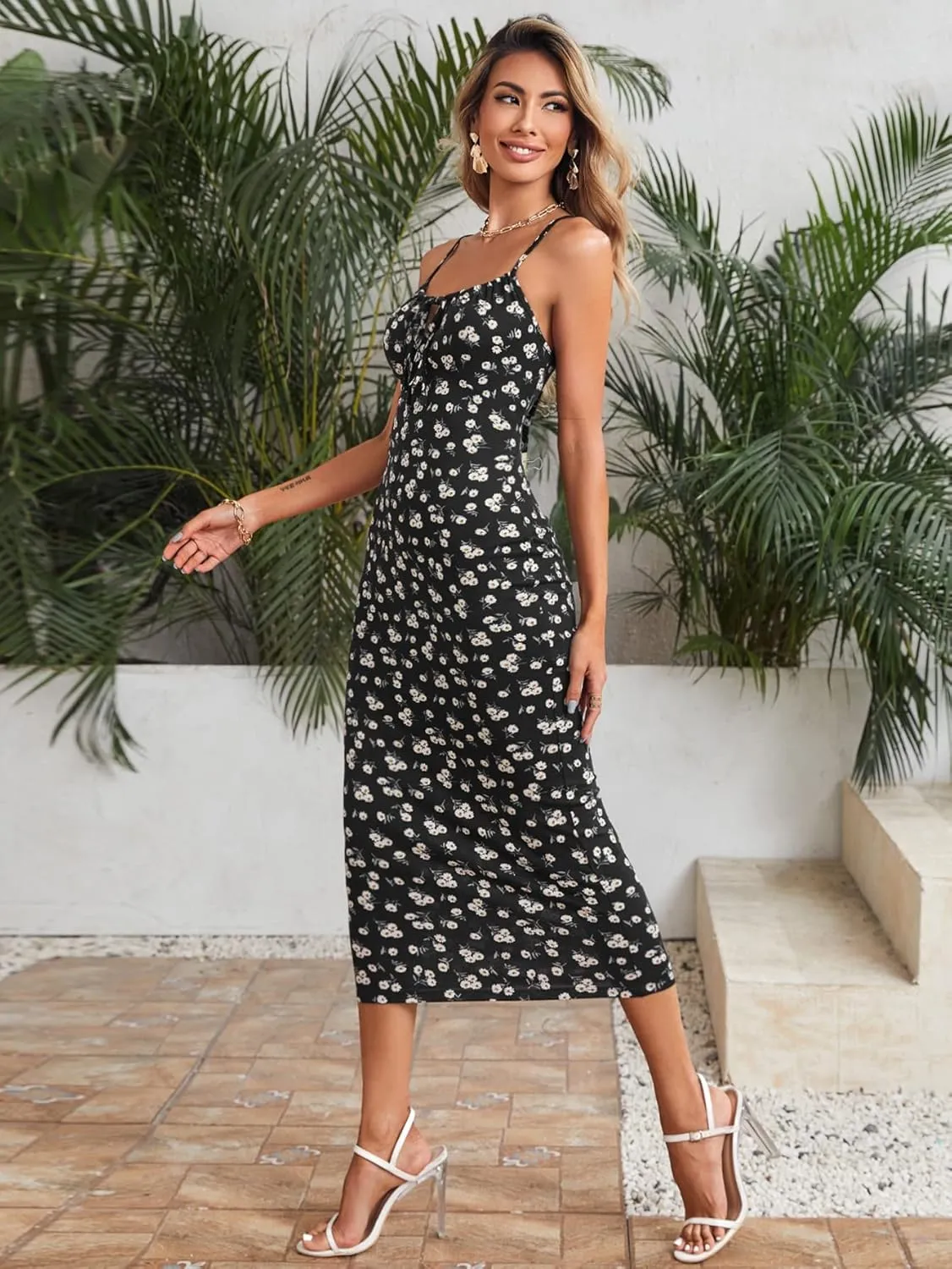 Floerns Women's Floral Print Drawstring Front Sleeveless Cami Midi Dress