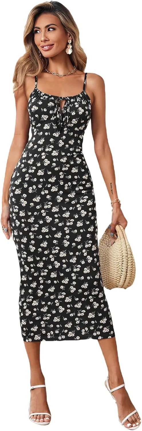 Floerns Women's Floral Print Drawstring Front Sleeveless Cami Midi Dress