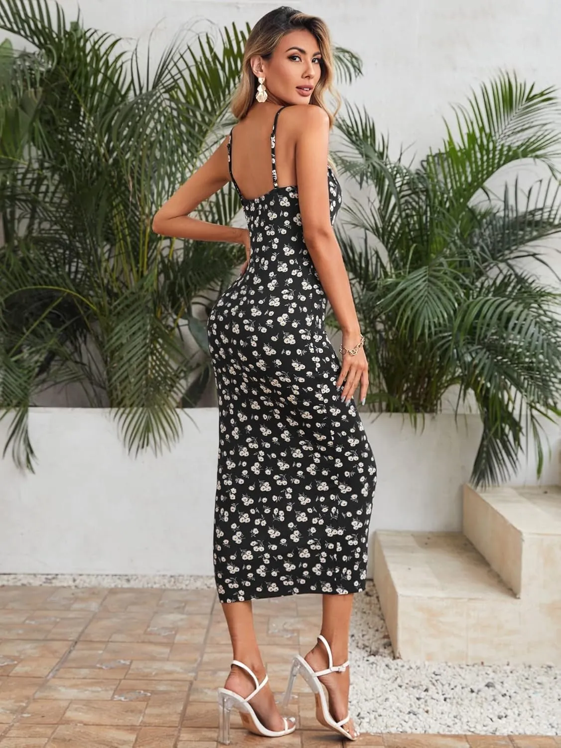 Floerns Women's Floral Print Drawstring Front Sleeveless Cami Midi Dress