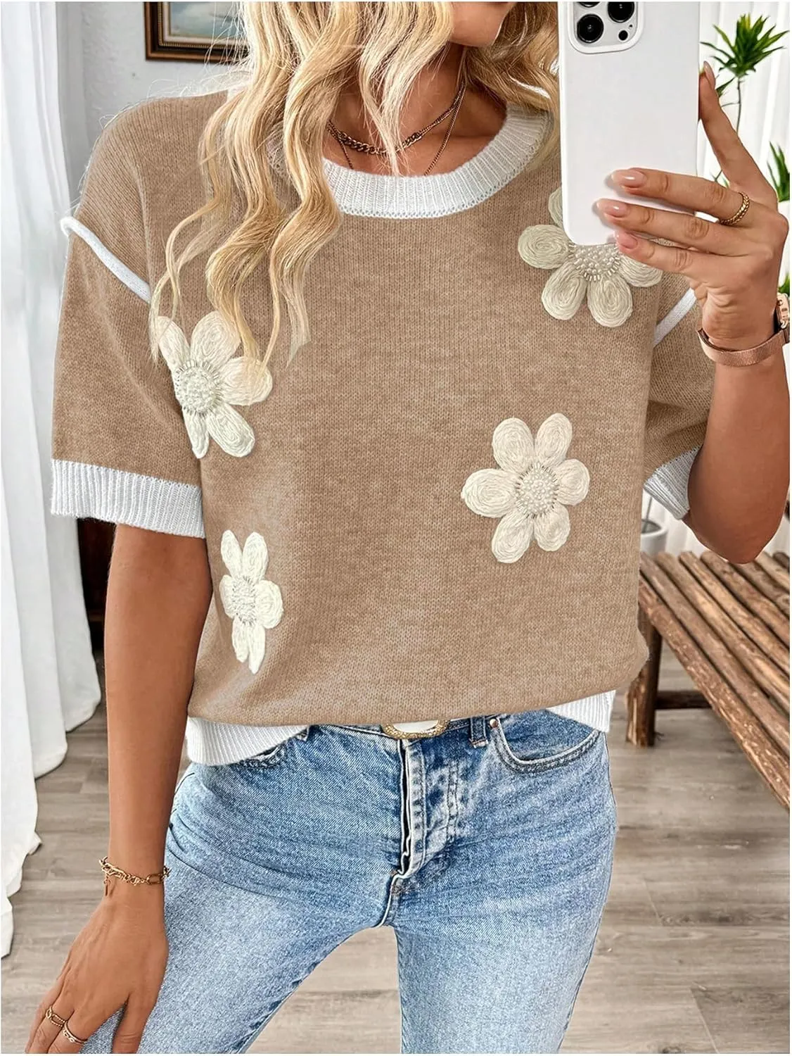 Floerns Women's Short Sleeve Crew Neck Flower Loose Knitted Sweaters Pullover Tops