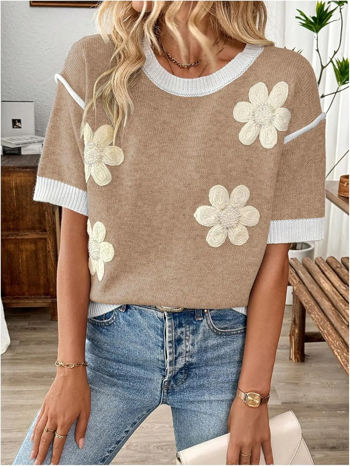 Floerns Women's Short Sleeve Crew Neck Flower Loose Knitted Sweaters Pullover Tops