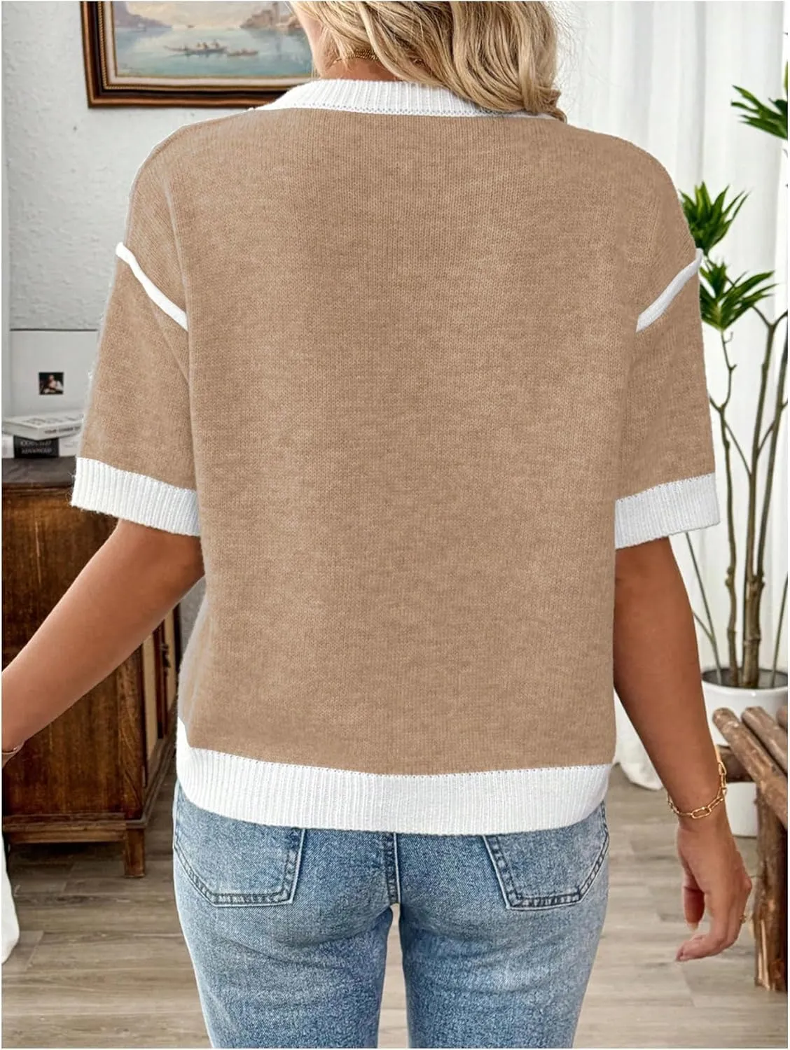 Floerns Women's Short Sleeve Crew Neck Flower Loose Knitted Sweaters Pullover Tops