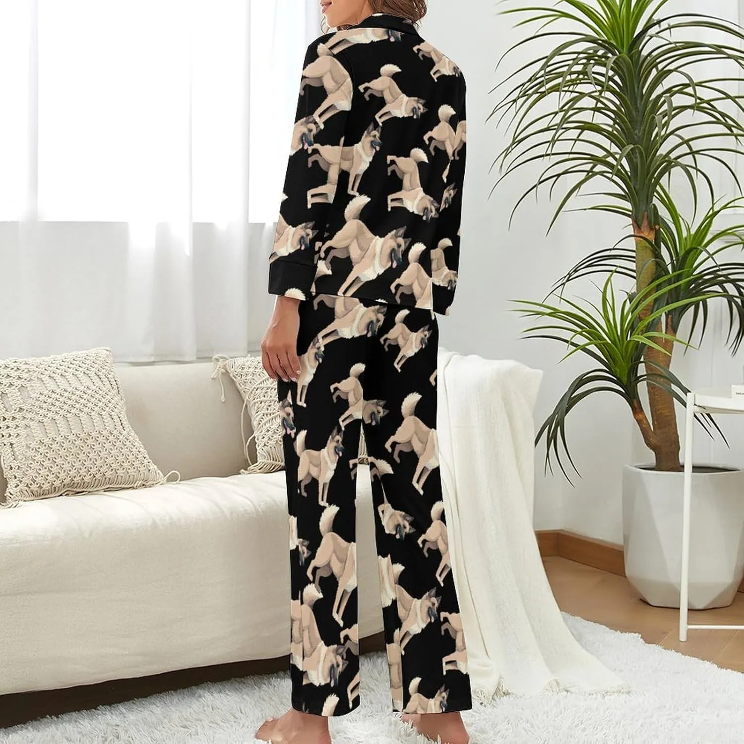 German Shepherd Dog Womens Pajamas Satin PJ Set Button Down Loungewear Set 2 Piece Lounge Sets