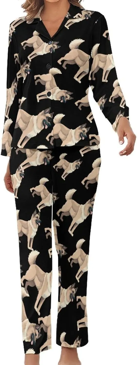 German Shepherd Dog Womens Pajamas Satin PJ Set Button Down Loungewear Set 2 Piece Lounge Sets
