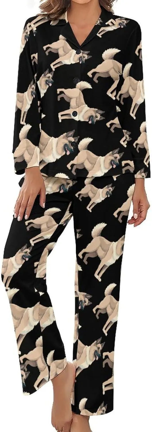 German Shepherd Dog Womens Pajamas Satin PJ Set Button Down Loungewear Set 2 Piece Lounge Sets
