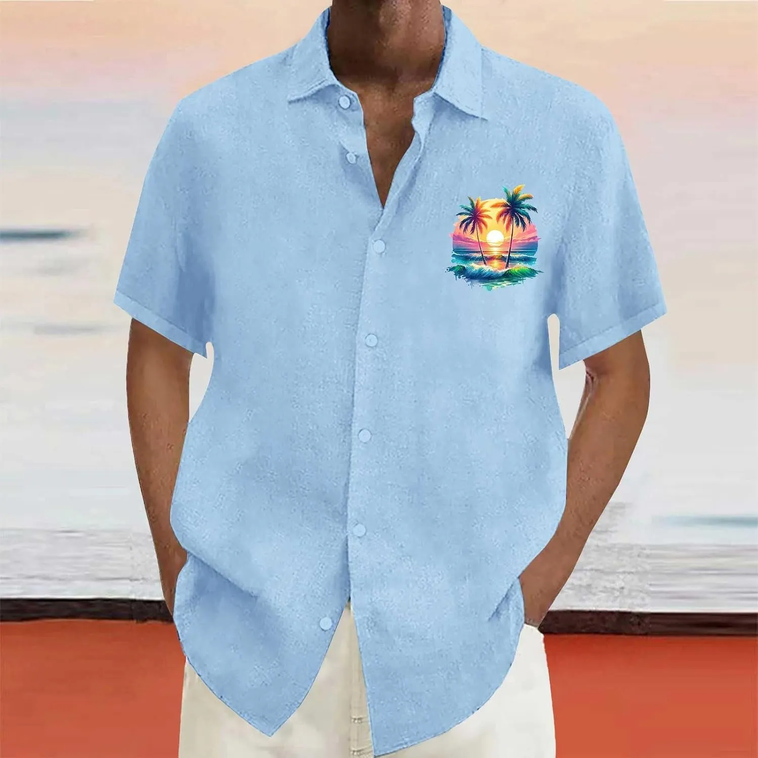 Gulf of Mexico Shirt, Mens Casual Button Down Short Sleeve Top Breathable Dry Fit Linen Beach Summer Wedding Shirts