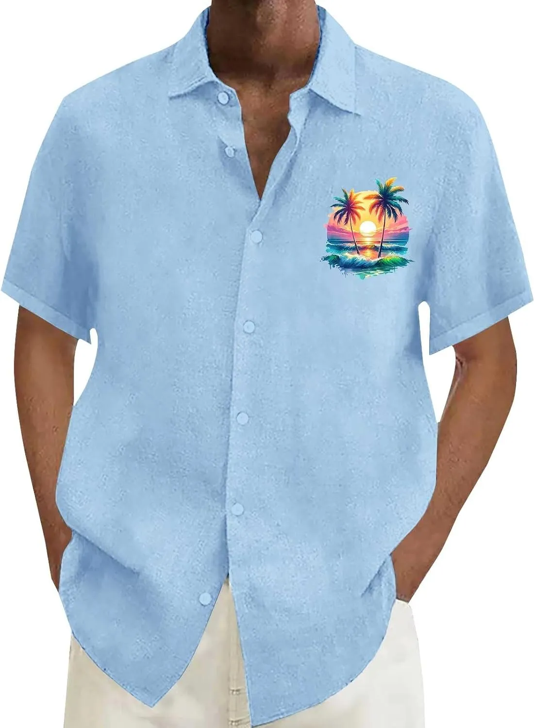 Gulf of Mexico Shirt, Mens Casual Button Down Short Sleeve Top Breathable Dry Fit Linen Beach Summer Wedding Shirts