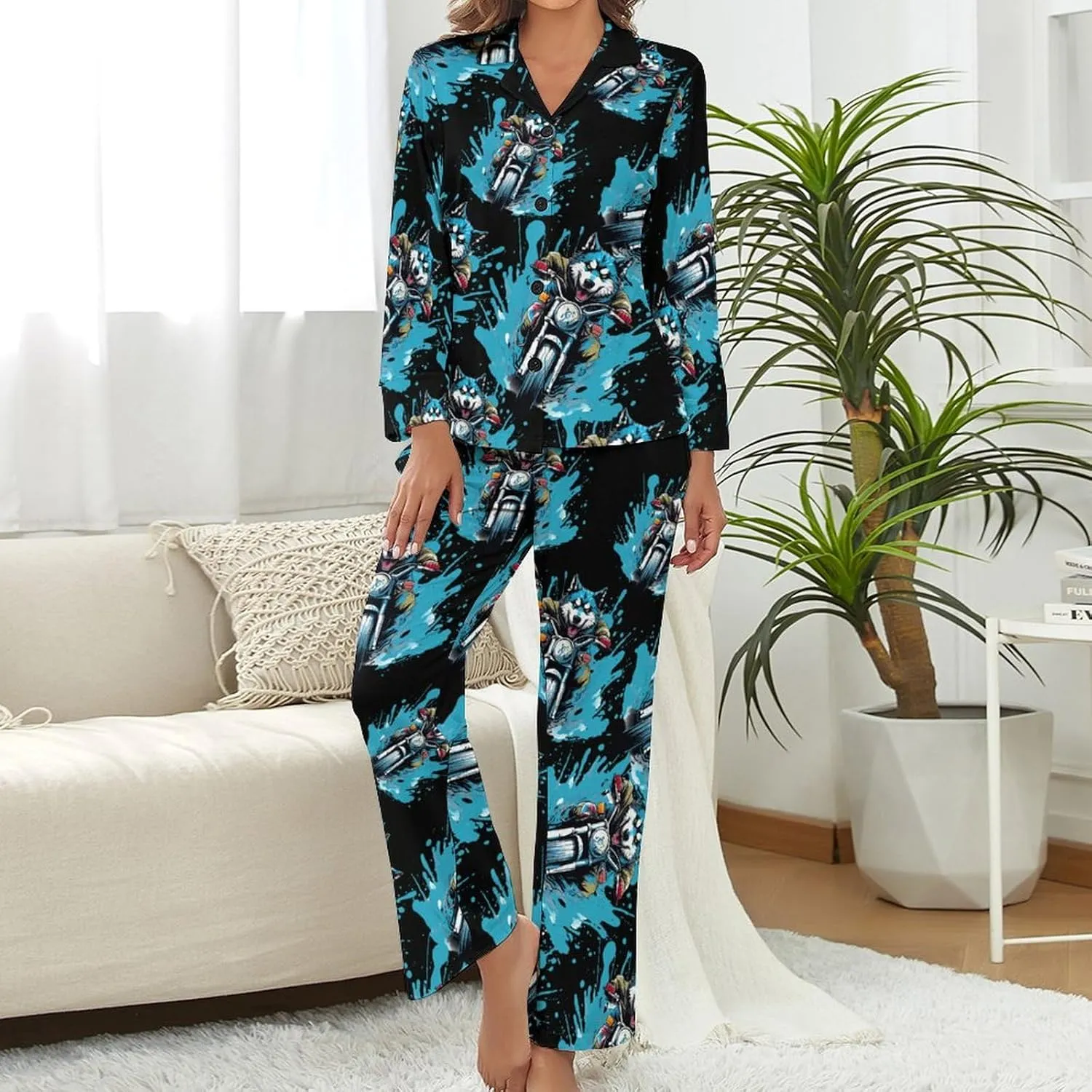 Husky Riding Motorcycle Womens Pajamas Satin PJ Set Button Down Loungewear Set 2 Piece Lounge Sets
