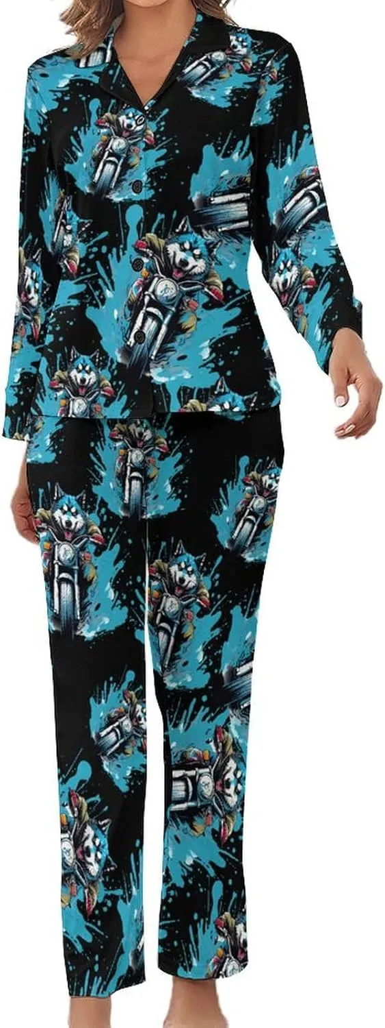 Husky Riding Motorcycle Womens Pajamas Satin PJ Set Button Down Loungewear Set 2 Piece Lounge Sets