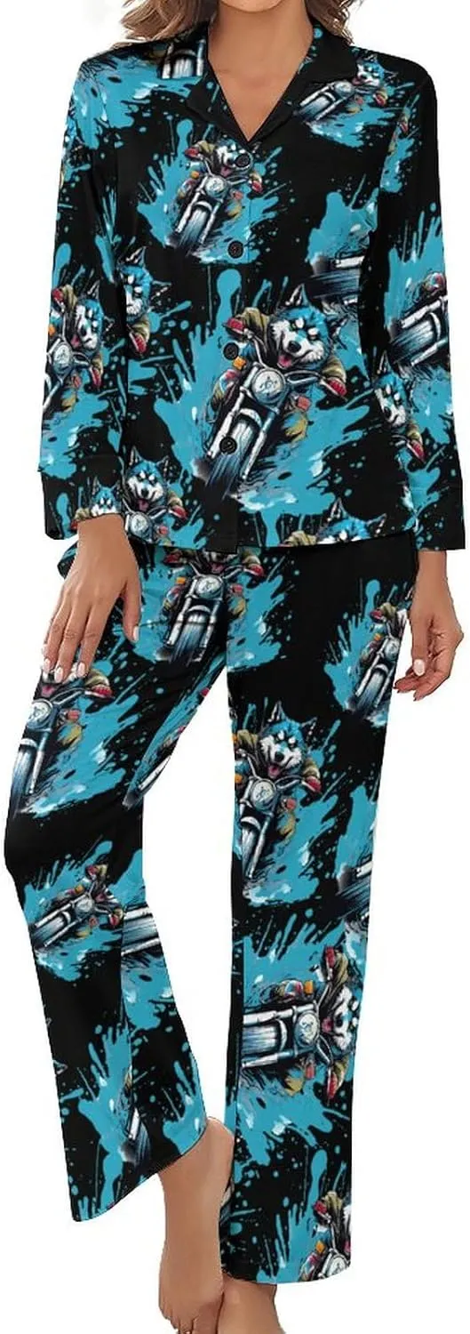 Husky Riding Motorcycle Womens Pajamas Satin PJ Set Button Down Loungewear Set 2 Piece Lounge Sets
