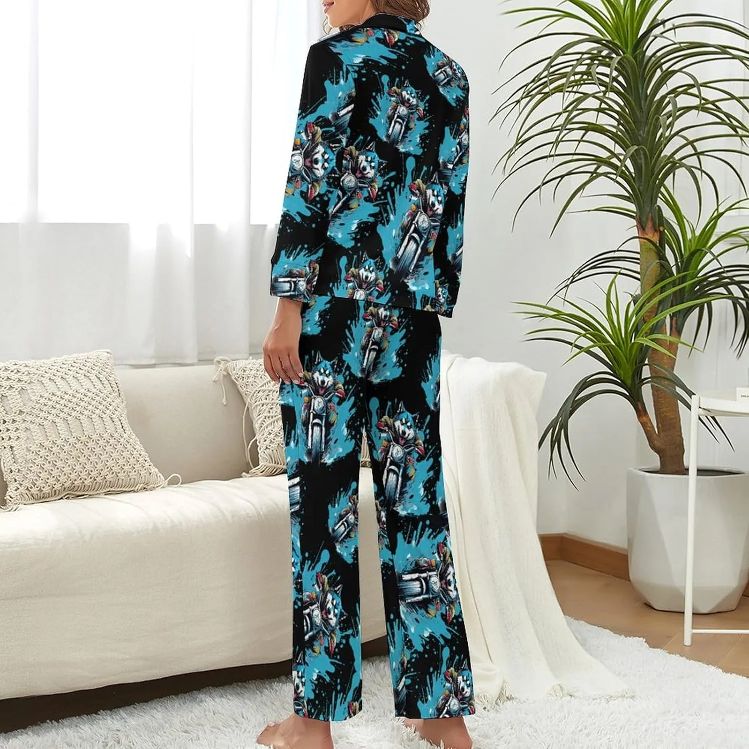 Husky Riding Motorcycle Womens Pajamas Satin PJ Set Button Down Loungewear Set 2 Piece Lounge Sets