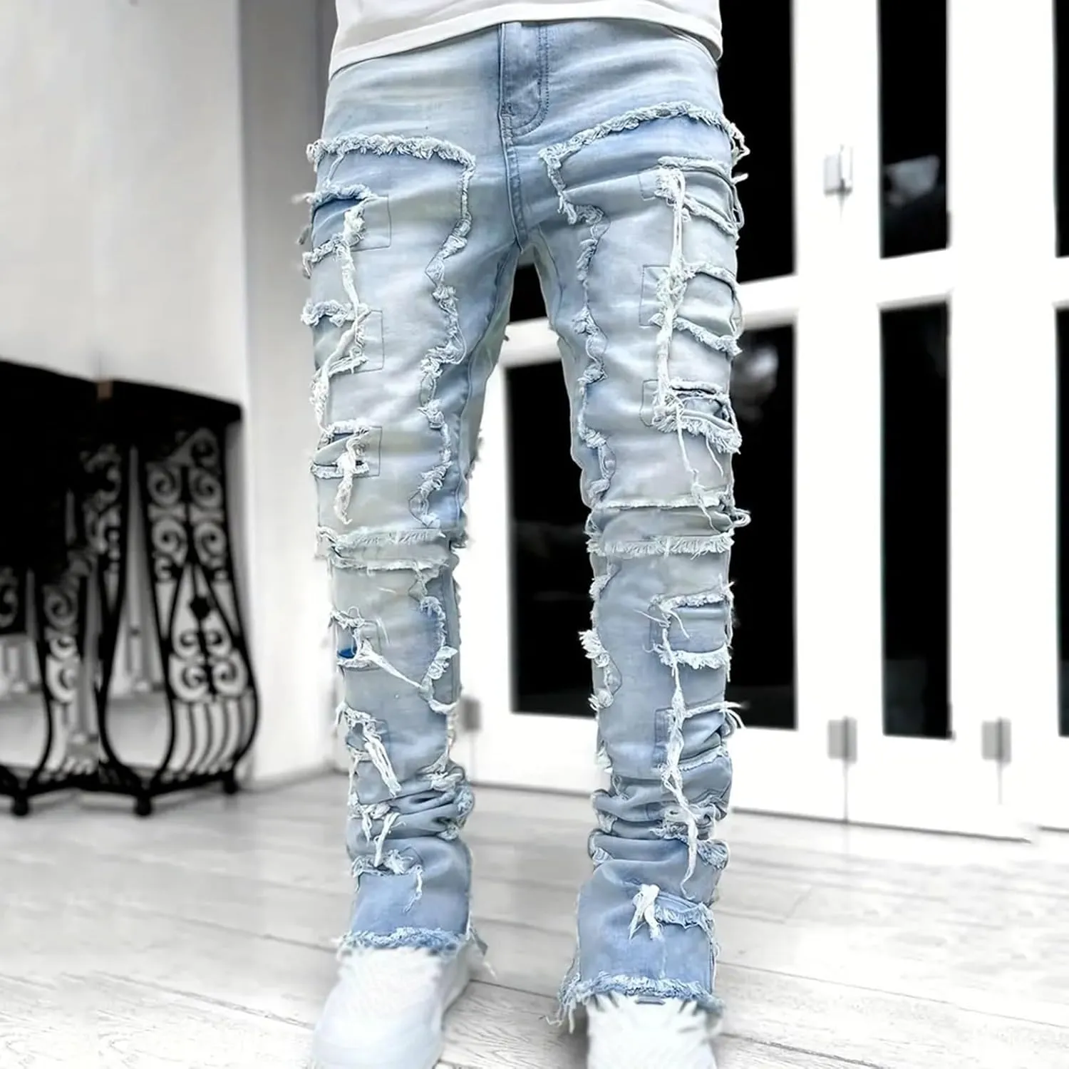 Jeans for Men Regular Fit Men's Slim Fit Stretch Jeans Ripped Skinny Jeans for Men, Distressed Straight Leg Fashion