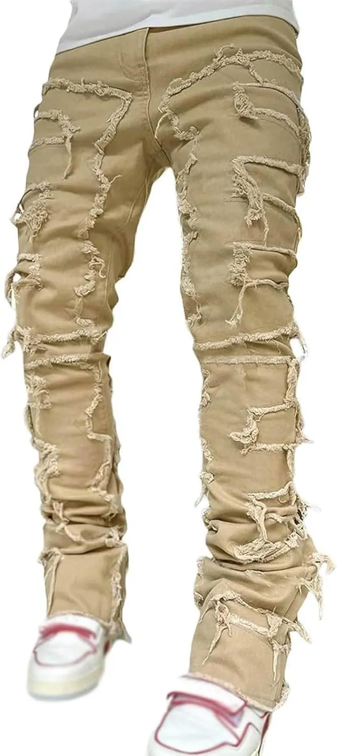 Jeans for Men Straight Fit Men Ripped Jeans Slim Fit Stacked Denim Pants Fashion Hip Hop Skinny Patchwork Jeans