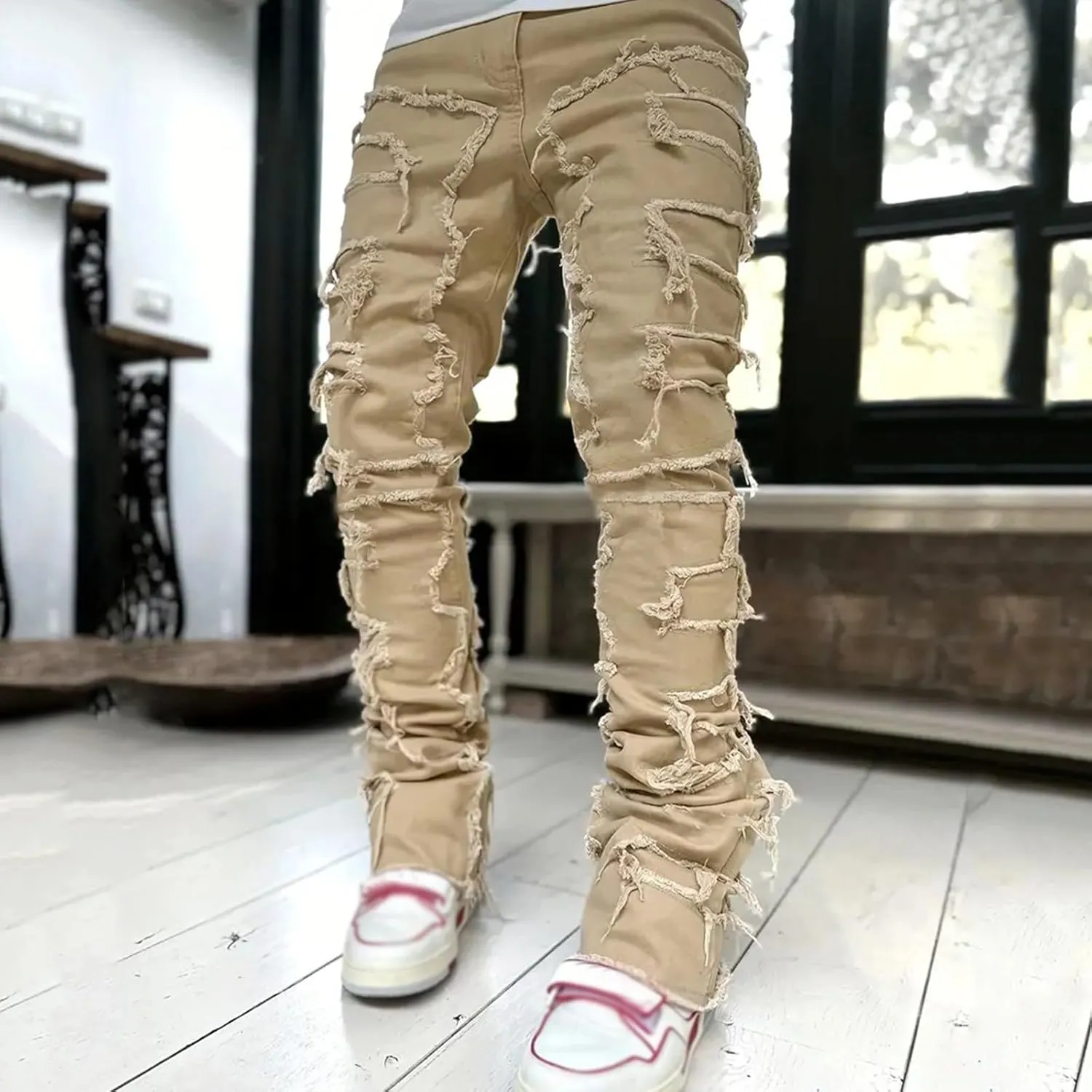 Jeans for Men Straight Fit Men Ripped Jeans Slim Fit Stacked Denim Pants Fashion Hip Hop Skinny Patchwork Jeans