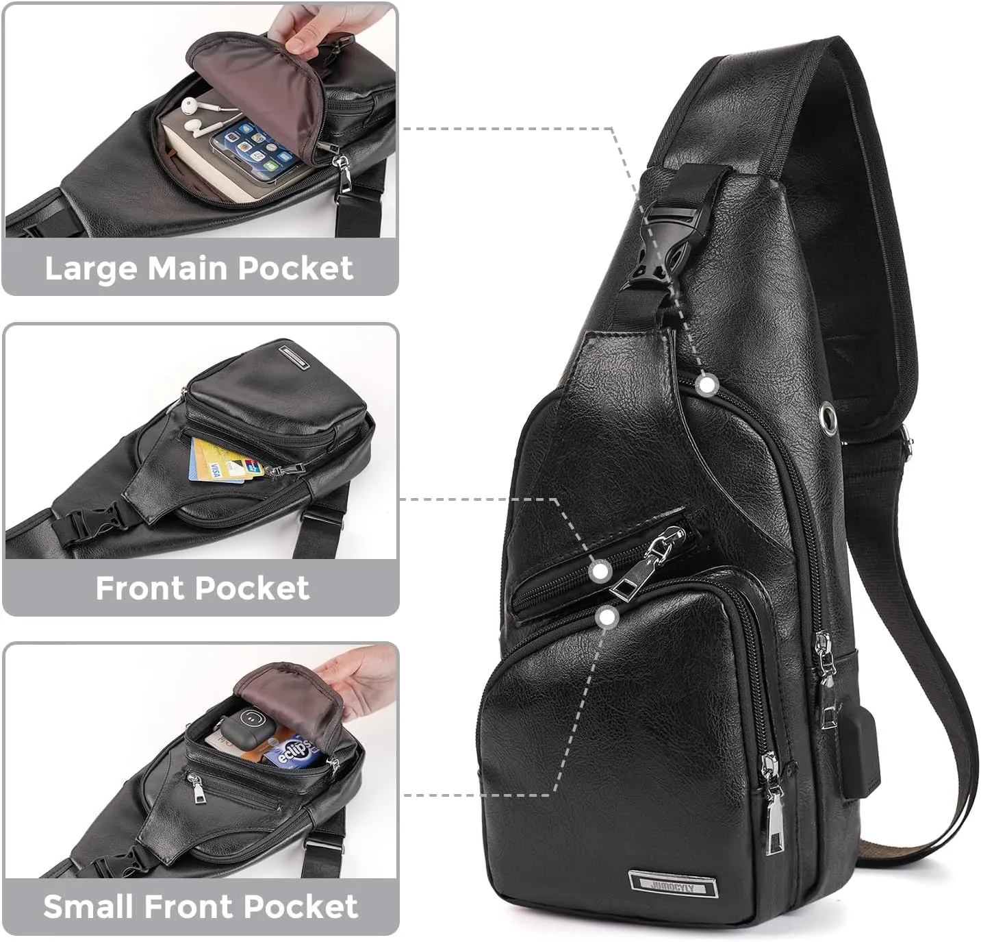 JUMO CYLY Mens Sling Bag, Leather Sling Bag with USB Charging Port Waterproof Casual Daypack Chest Crossbody Bag