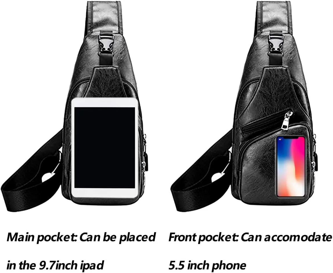 JUMO CYLY Mens Sling Bag, Leather Sling Bag with USB Charging Port Waterproof Casual Daypack Chest Crossbody Bag