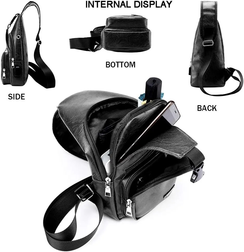 JUMO CYLY Mens Sling Bag, Leather Sling Bag with USB Charging Port Waterproof Casual Daypack Chest Crossbody Bag