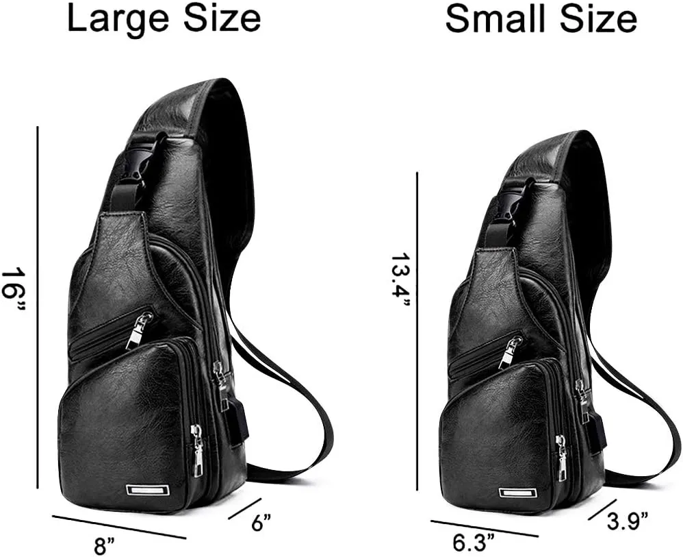 JUMO CYLY Mens Sling Bag, Leather Sling Bag with USB Charging Port Waterproof Casual Daypack Chest Crossbody Bag