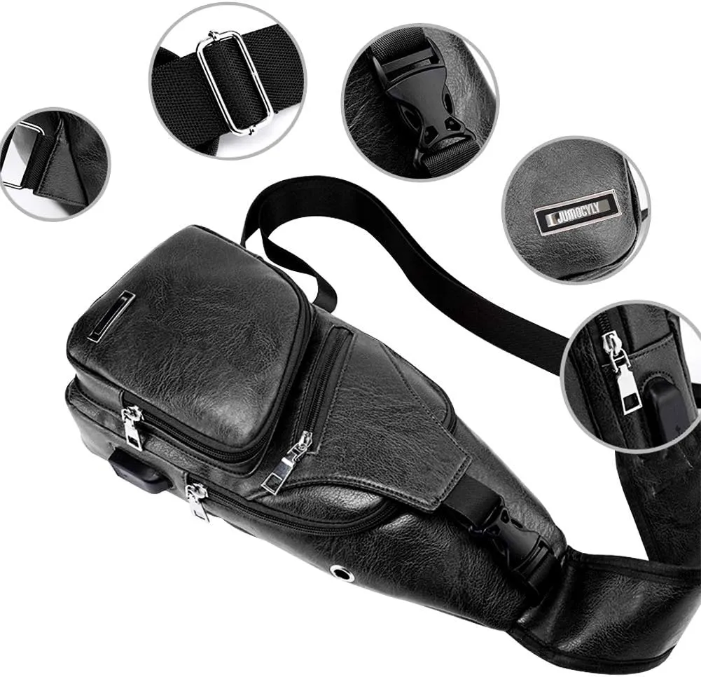 JUMO CYLY Mens Sling Bag, Leather Sling Bag with USB Charging Port Waterproof Casual Daypack Chest Crossbody Bag