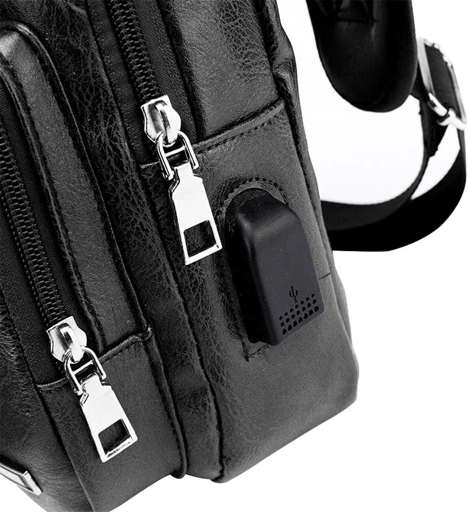 JUMO CYLY Mens Sling Bag, Leather Sling Bag with USB Charging Port Waterproof Casual Daypack Chest Crossbody Bag