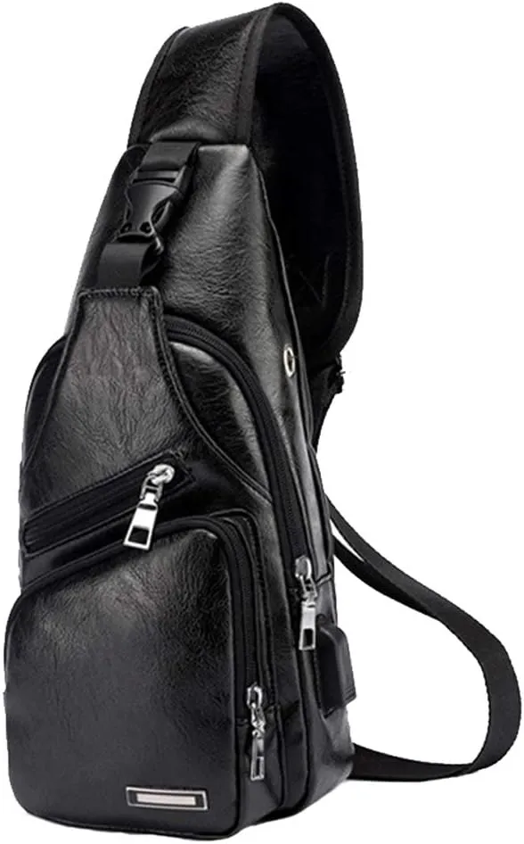 JUMO CYLY Mens Sling Bag, Leather Sling Bag with USB Charging Port Waterproof Casual Daypack Chest Crossbody Bag