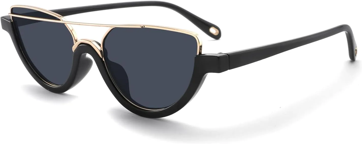 Kira Small Cat Eye Sunglasses Women Half Frame Shades Metal Frame Womens Outdoor Fashion Eyewear For Party UV Protection Womens Gift Black/Black