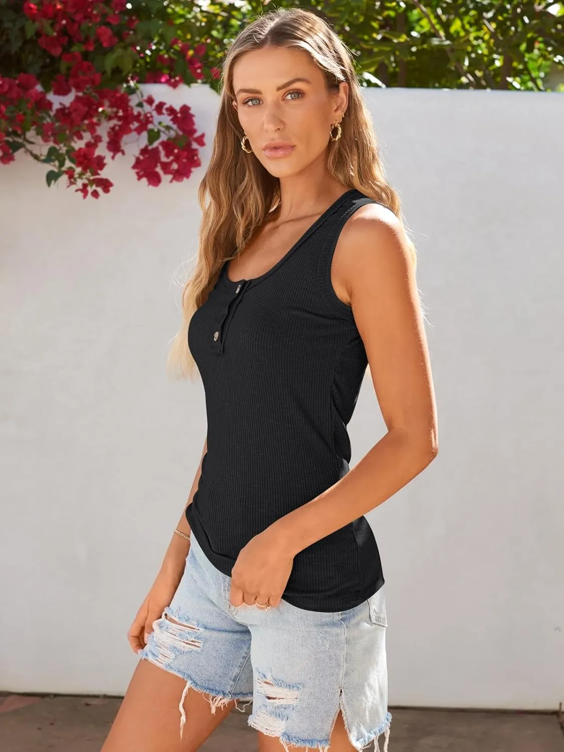 Kissfix Tank Tops for Women Summer Casual Cute Sleeveless Henley Shirts Beach Vacation Clothes Basic Tees
