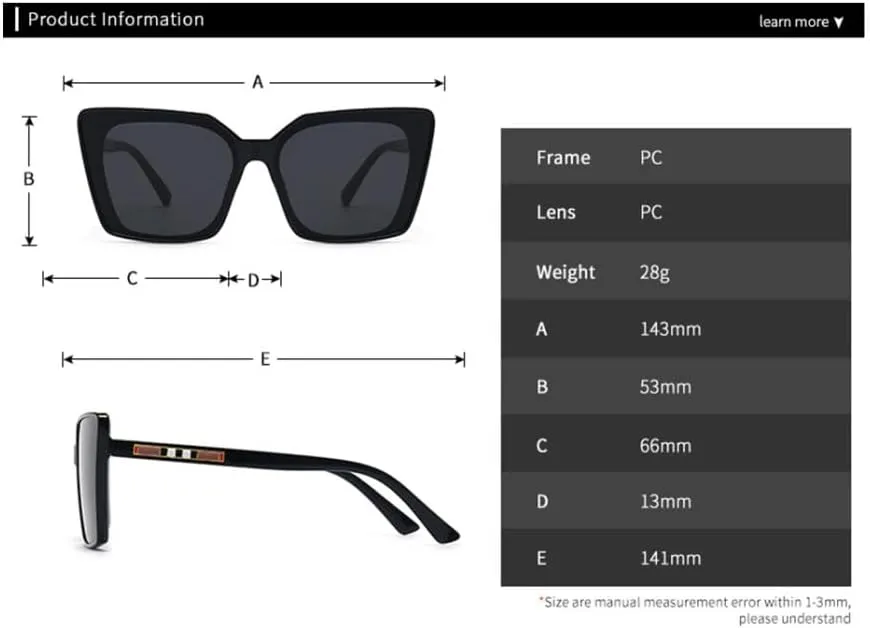 Large Sunglasses Women Womens Cat Eye Sun Glasses Vintage UV400 Outdoor