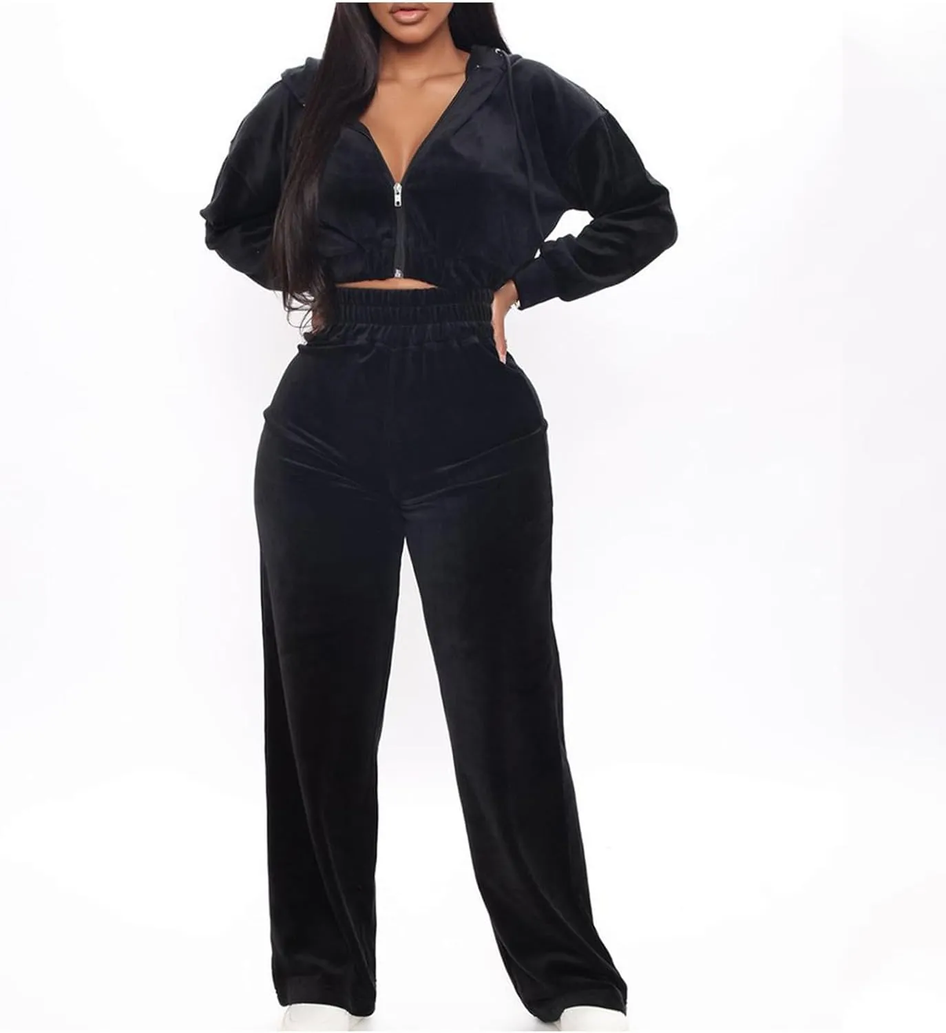 Lastesso Velour Jogging Suits for Women Soft Track Suits 2 Piece Set Cozy Loungewear Cropped Jackets Elastic Sweatpants