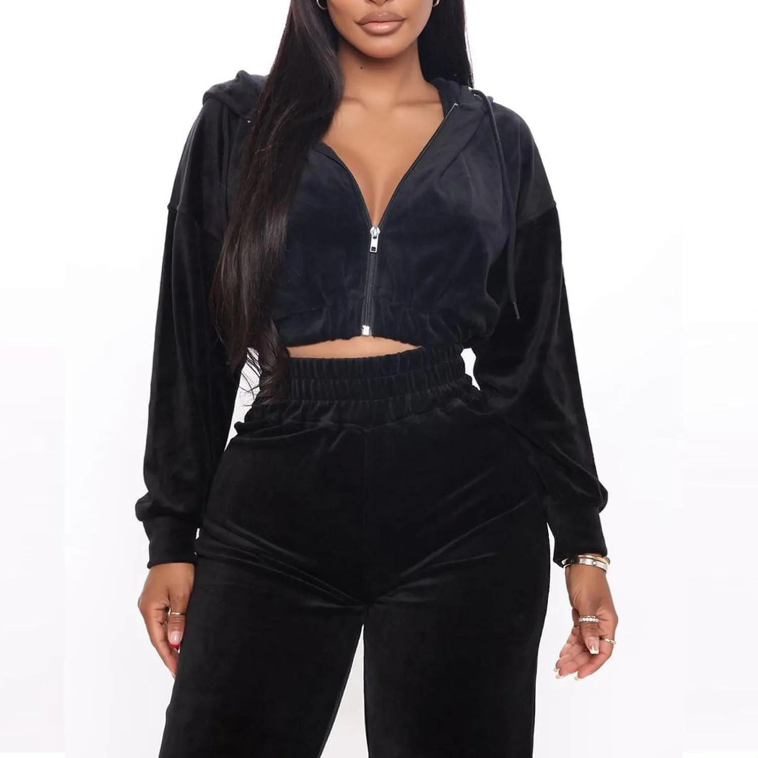 Lastesso Velour Jogging Suits for Women Soft Track Suits 2 Piece Set Cozy Loungewear Cropped Jackets Elastic Sweatpants