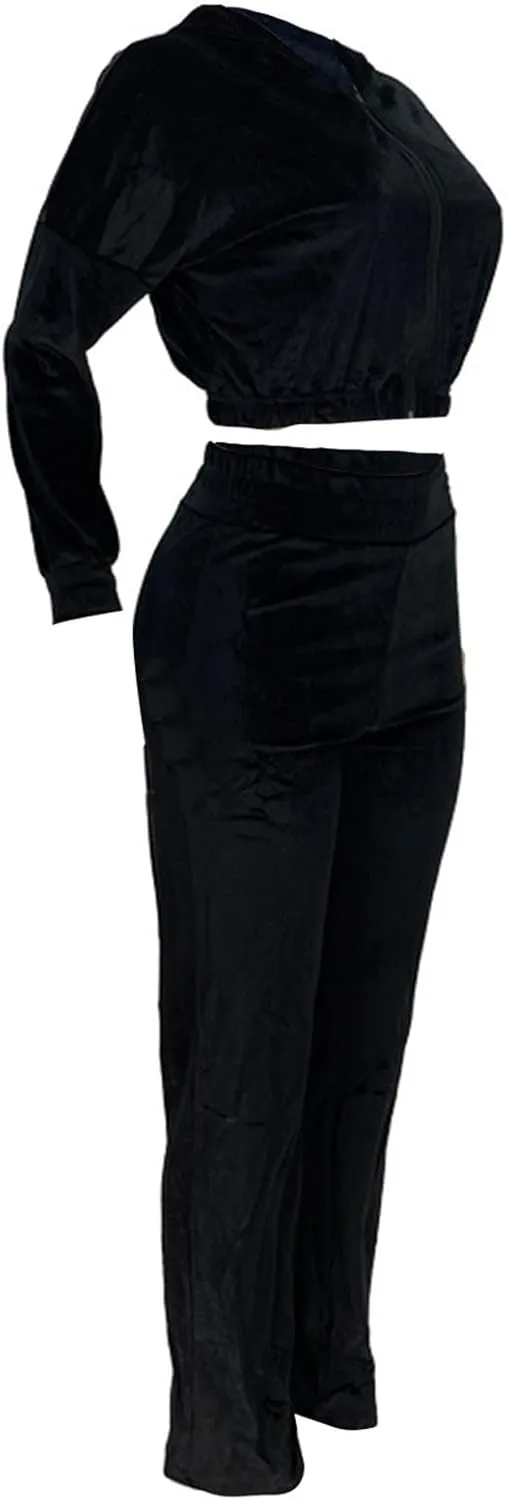 Lastesso Velour Jogging Suits for Women Soft Track Suits 2 Piece Set Cozy Loungewear Cropped Jackets Elastic Sweatpants
