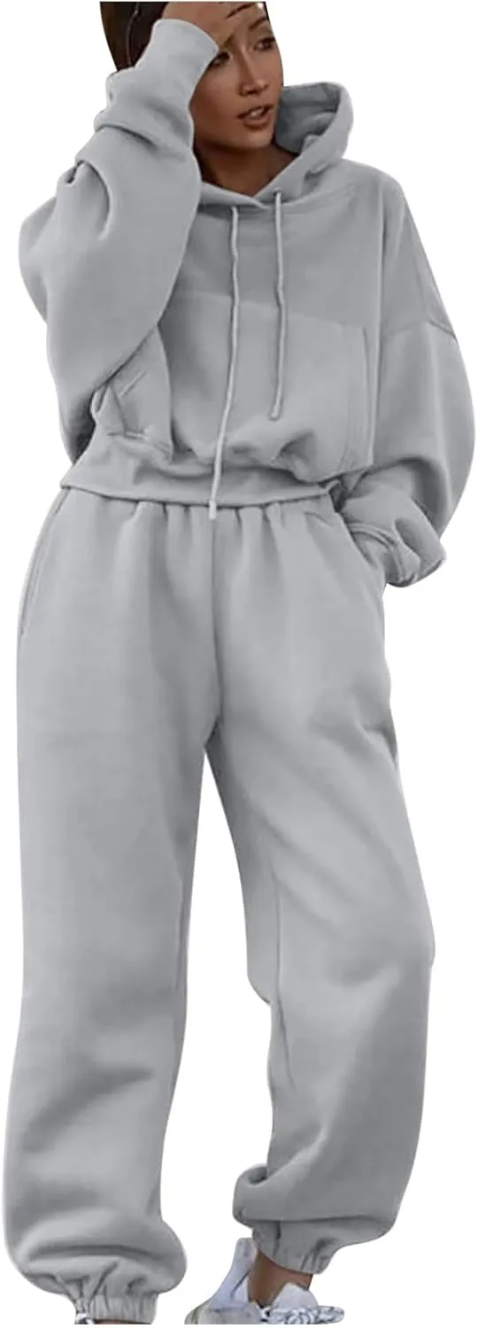 Lastesso Womens Matching Lounge Set Soft Long Sleeve Drawstring Tops Baggy Solid Sweat Suits Casual Sprint Fall Clothes
