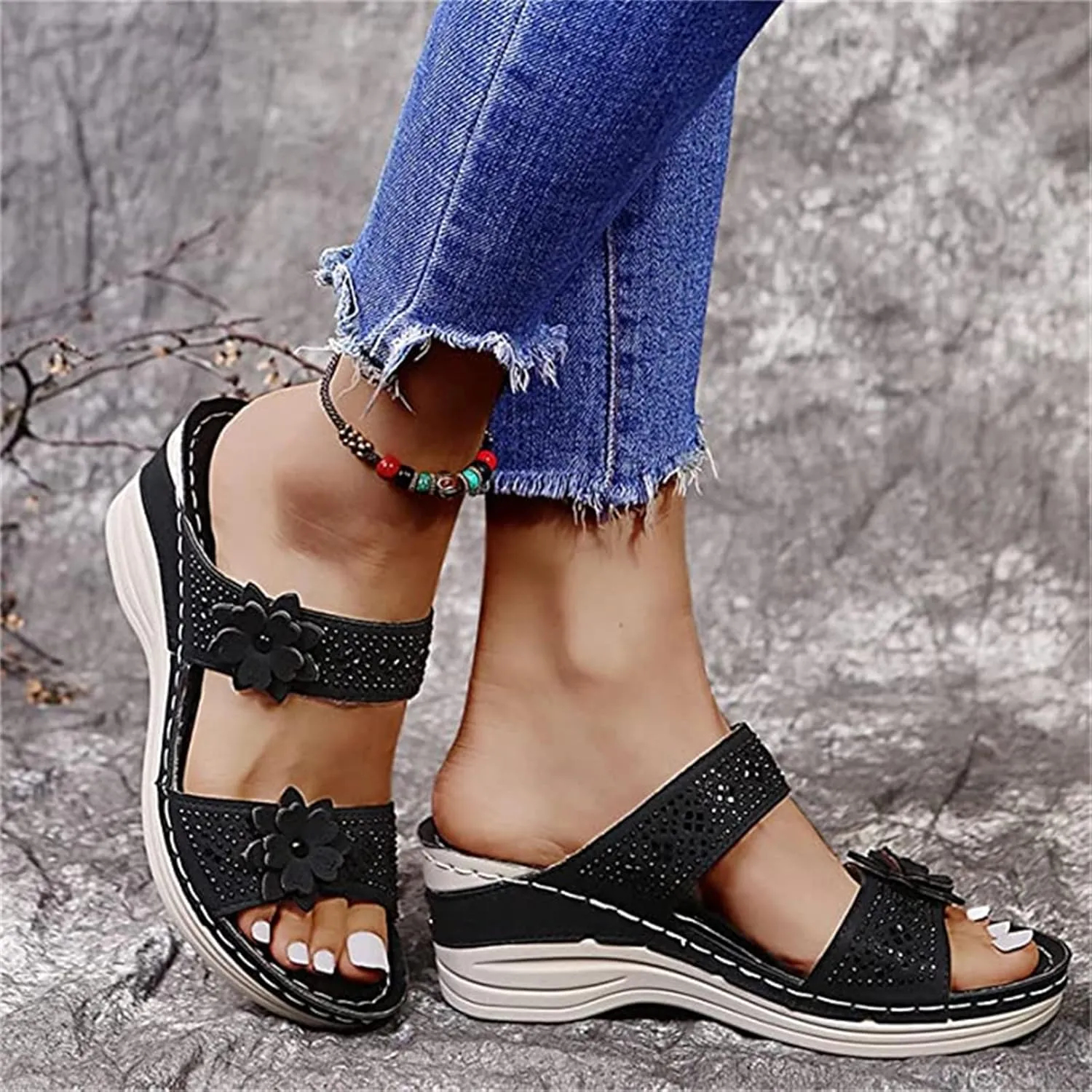 Lausiuoe Orthopedic Sandals For Women Dressy Comfortable Arch Support Orthotic Flip Flops Low Wedge Casual Summer Slides