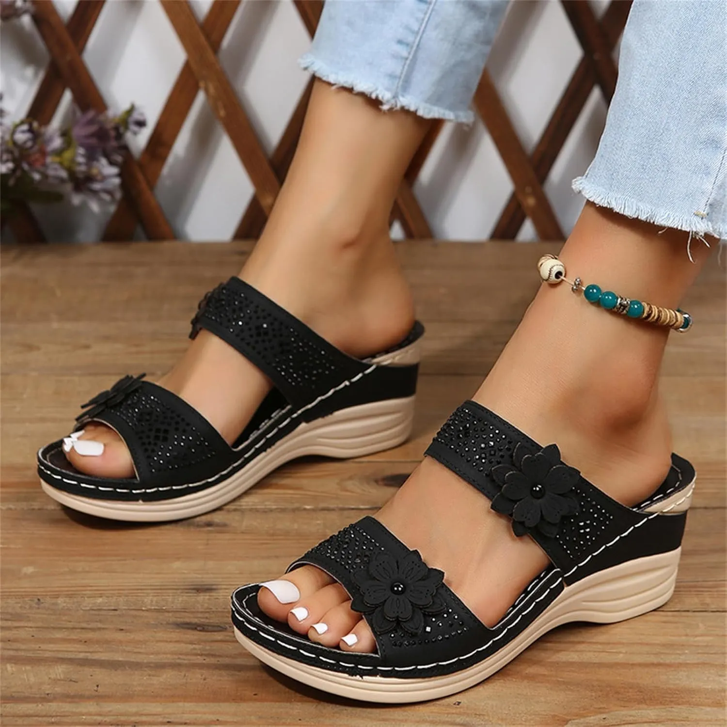 Lausiuoe Orthopedic Sandals For Women Dressy Comfortable Arch Support Orthotic Flip Flops Low Wedge Casual Summer Slides