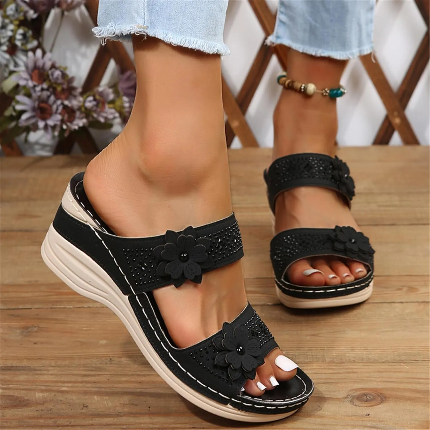 Lausiuoe Orthopedic Sandals For Women Dressy Comfortable Arch Support Orthotic Flip Flops Low Wedge Casual Summer Slides