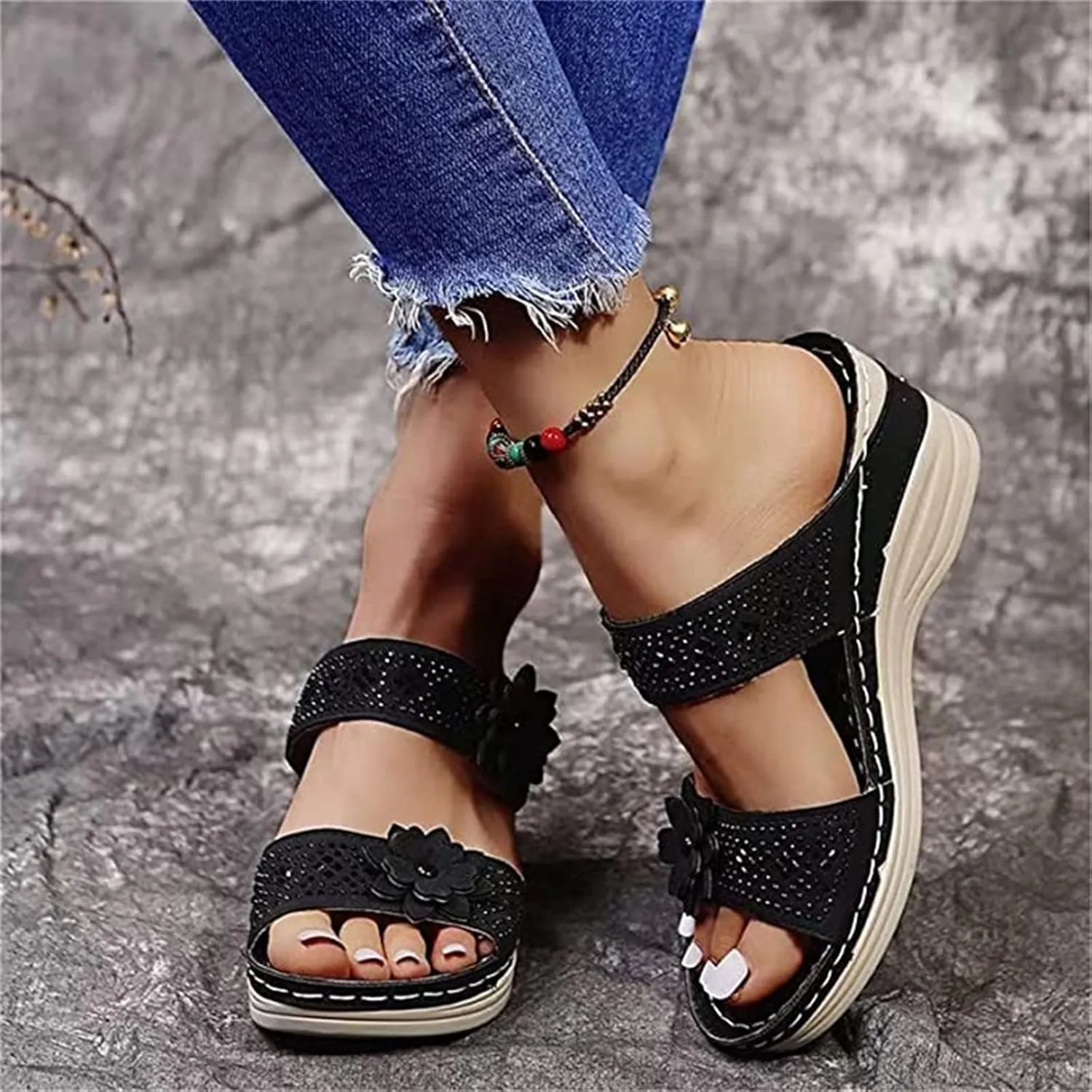 Lausiuoe Orthopedic Sandals For Women Dressy Comfortable Arch Support Orthotic Flip Flops Low Wedge Casual Summer Slides