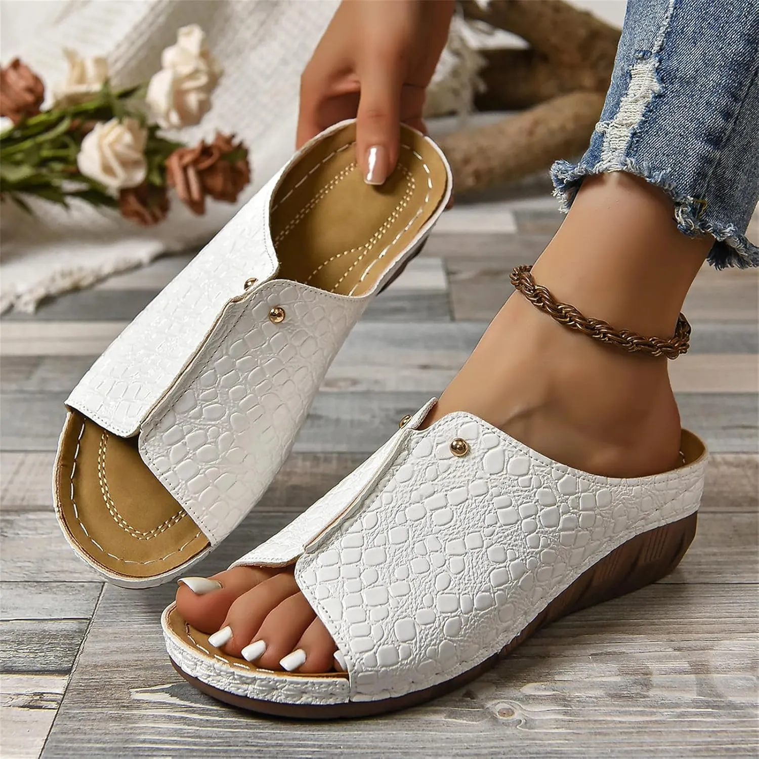 Lausiuoe Womens Wedge Sandals Comfortable Dressy Walking Orthopedic Slippers Slide Flip Flops with Arch Support for Flat Feet