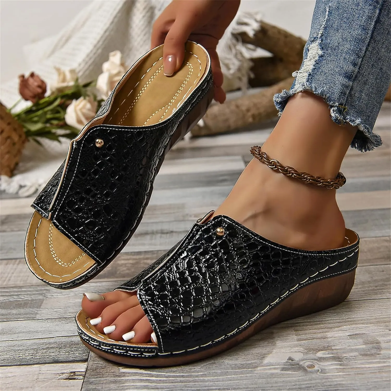 Lausiuoe Womens Wedge Sandals Comfortable Dressy Walking Orthopedic Slippers Slide Flip Flops with Arch Support for Flat Feet